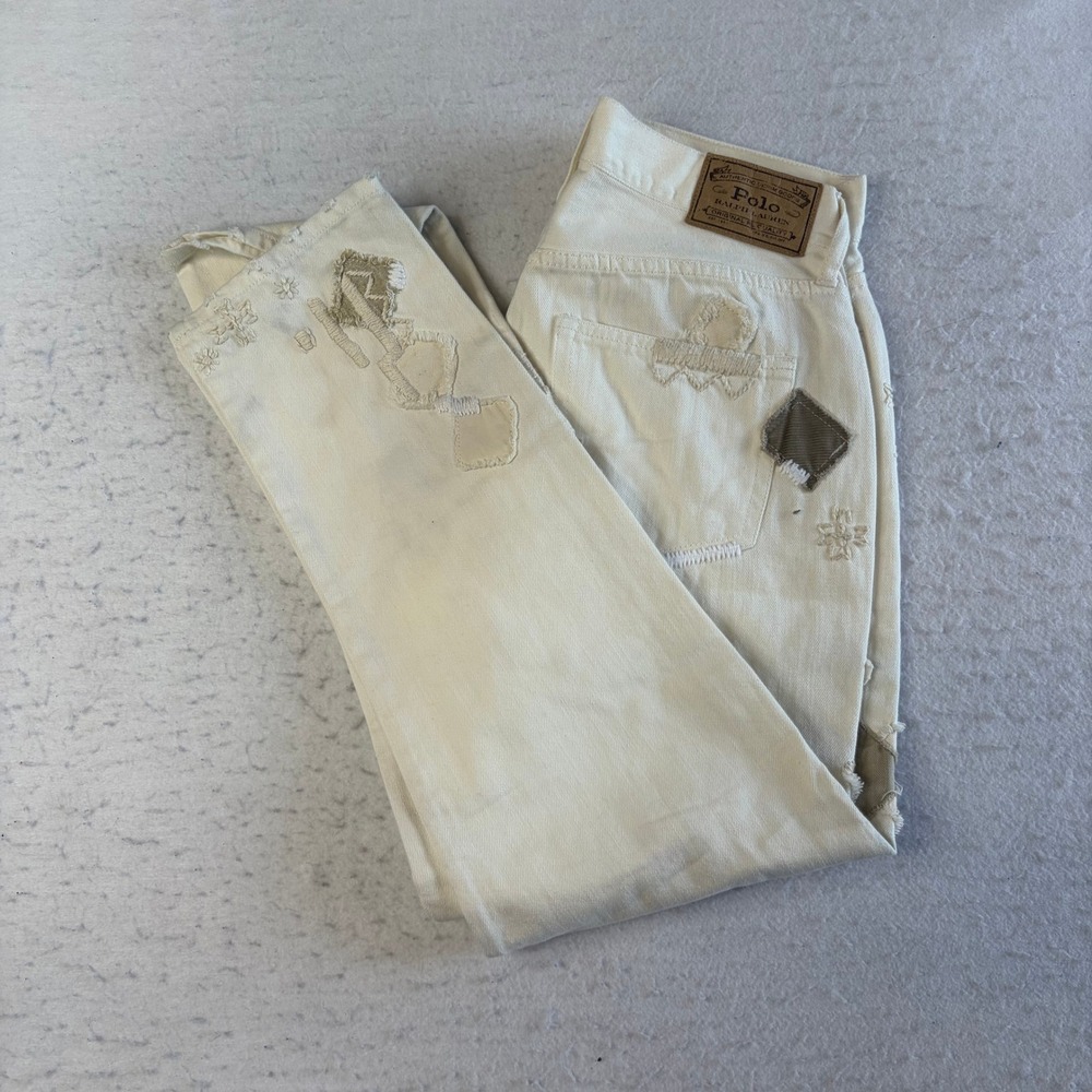 Polo Ralph Lauren Avery Boyfriend Jeans Size 27 Cream Patchwork Embroidered